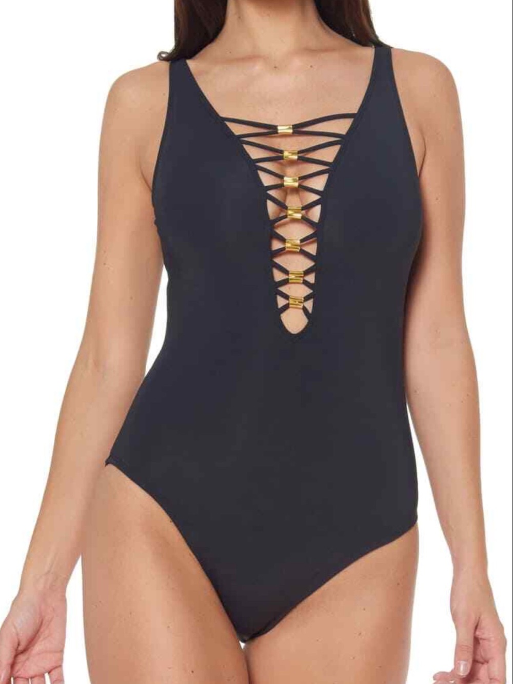 Bleu Rod Beattie Black Lace-Down Over-the-Shoulder One-Piece size 8